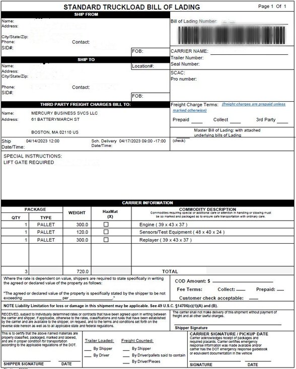 Bill of Lading (B/L or BoL)