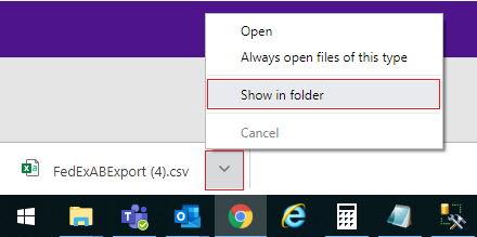A file download will start, click the Down Arrow and then “Show in Folder” to obtain your Address Book in csv format