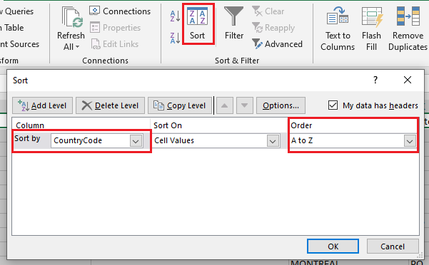 Sort the records by CountryCode within Excel.