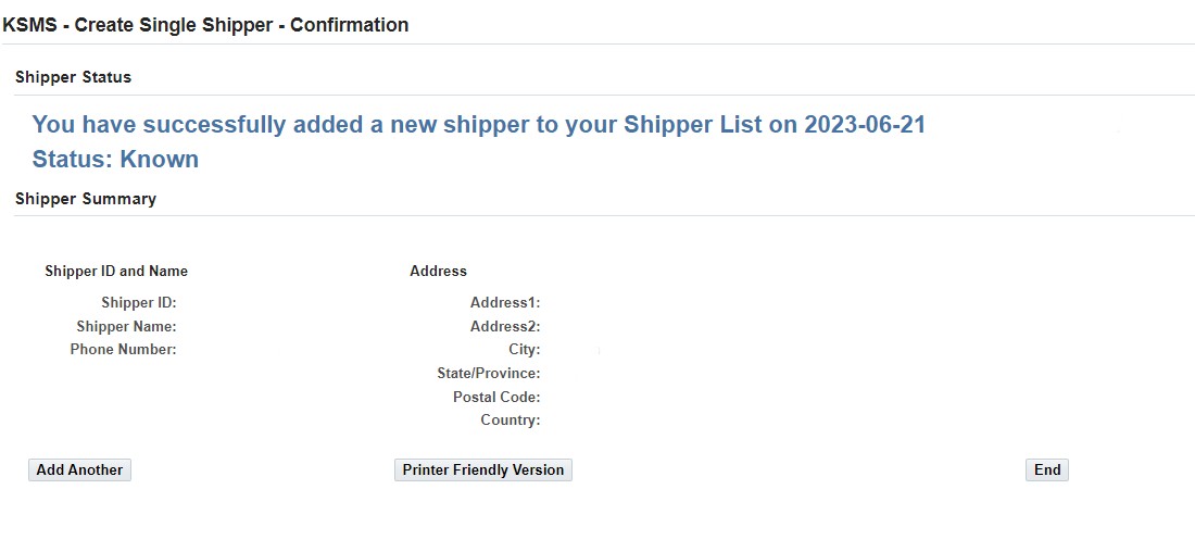 Known Shipper System Entry (KSMS)