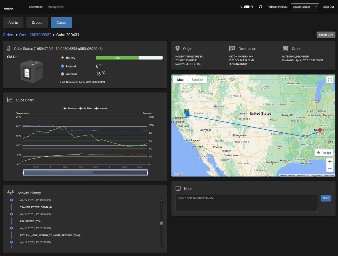 ember cube temperature monitoring and gps tracking dashboard